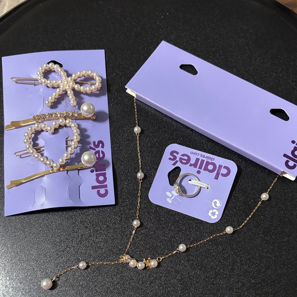 Claire's Accessories Rhinestone Pearl Hair Clip, Peace Sign Ring, And Y Necklace
